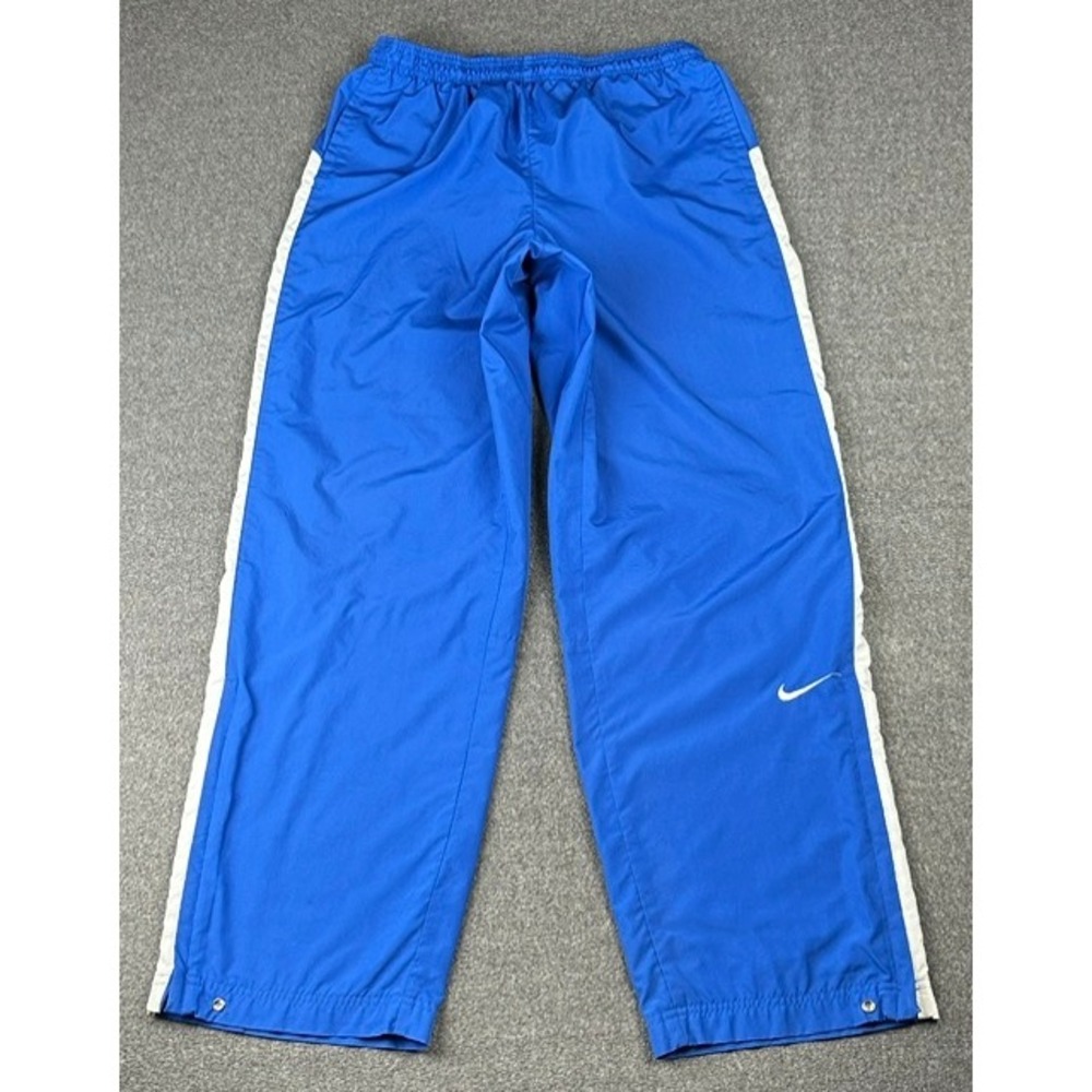 Nike Team Mens Blue White Striped Mesh Lined Track Pants Large Snap Hem VTG Y2K